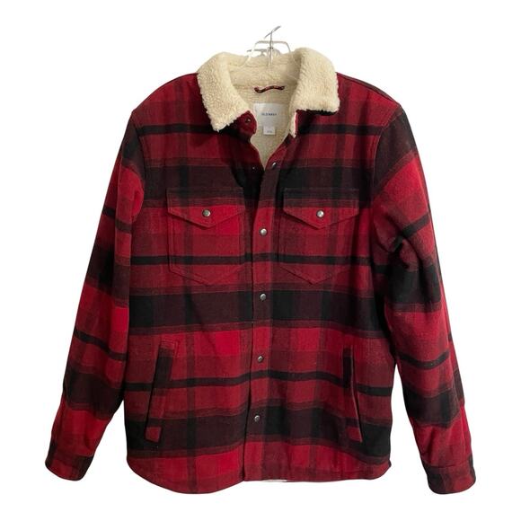 Old Navy Chore Shirt Jacket Men Size Med Red Plaid Shacket Flannel Sherpa Lined - Picture 1 of 8